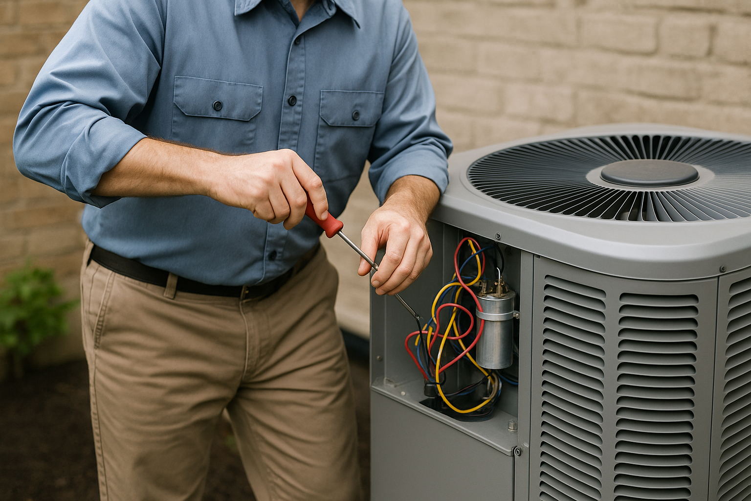 Man working on the condenser for an AC unit.
